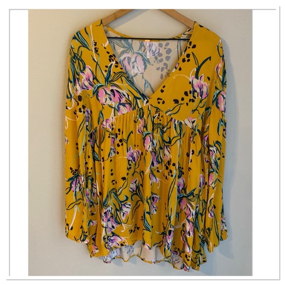 Free People Bella Floral Print Tunic Top Dress V Neck Yellow Pink Size Medium - Picture 2 of 8